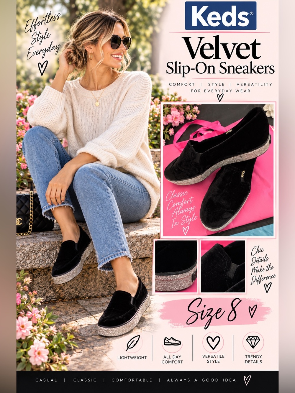 Keds Black Velvet Slip-On Sneakers with Glitter Sole (Women's)